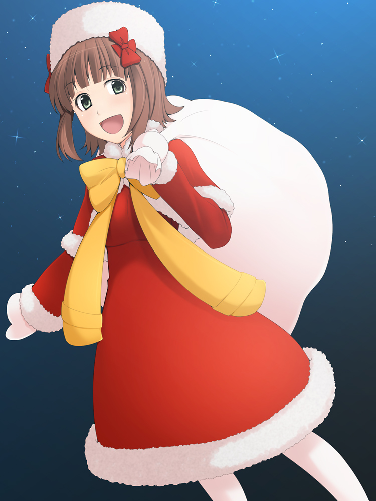 amami_haruka, blush, brown_hair, christmas, fur_hat, green_eyes, happy, hat