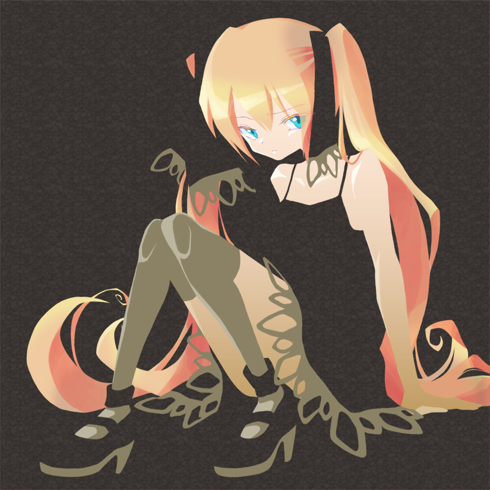 bare_shoulders, black_background, black_dress, blonde_hair, blue_eyes, dress, full_body, grey_legwear