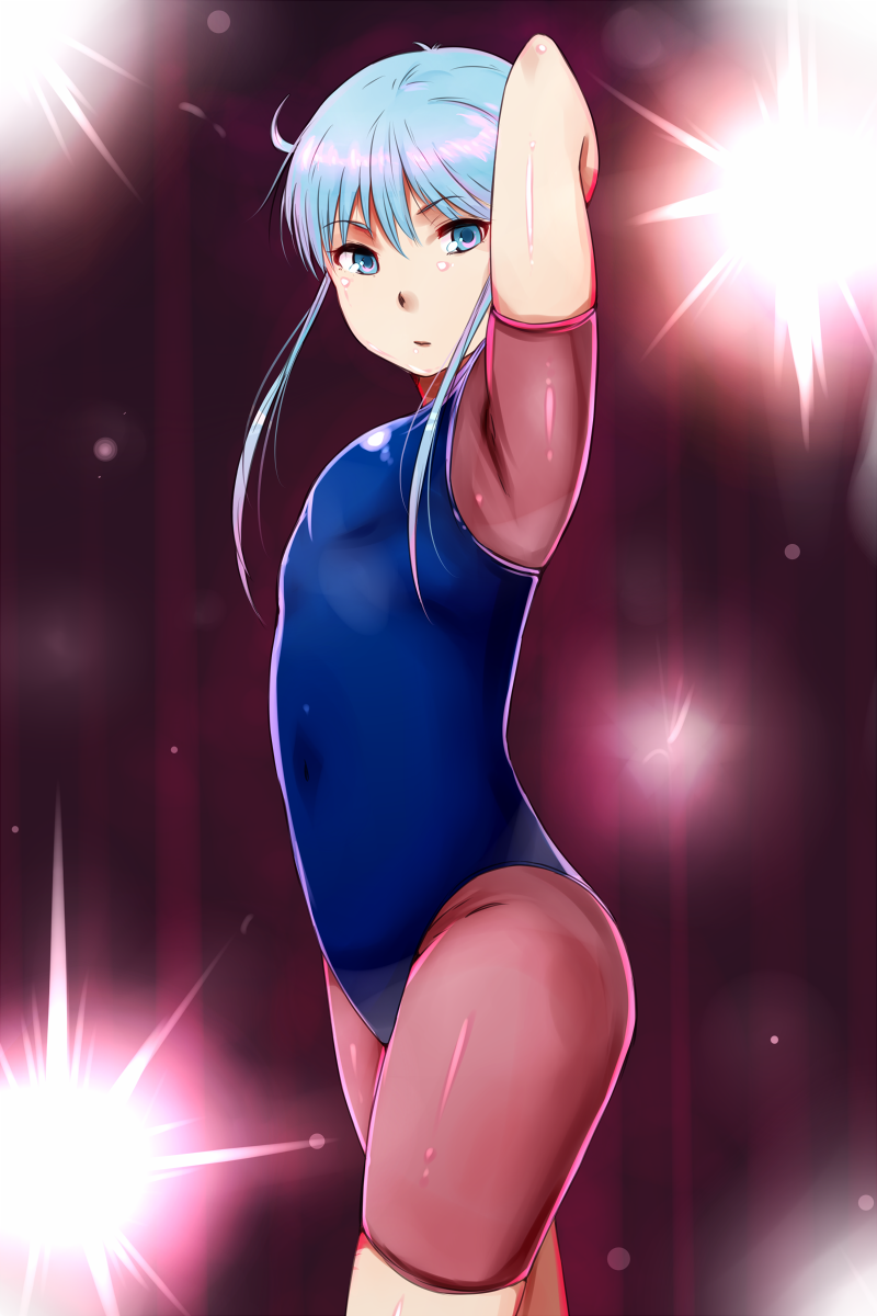 :o, armpits, arms_up, blue_eyes, blue_hair, highres, jigoku_sensei_nube, leotard