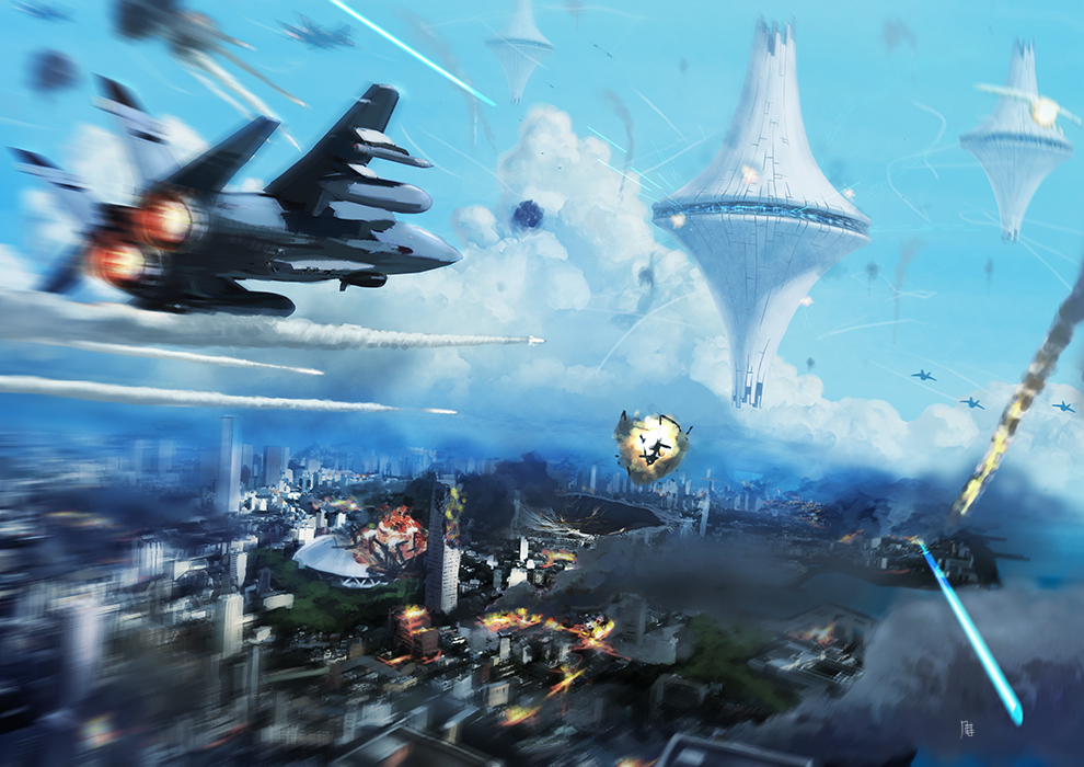alien, apocalypse, bad_id, bad_pixiv_id, battle, building, city, cloud