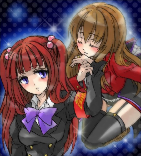 armband, bad_id, black_legwear, blue_eyes, blush, bow, brown_hair, closed_eyes