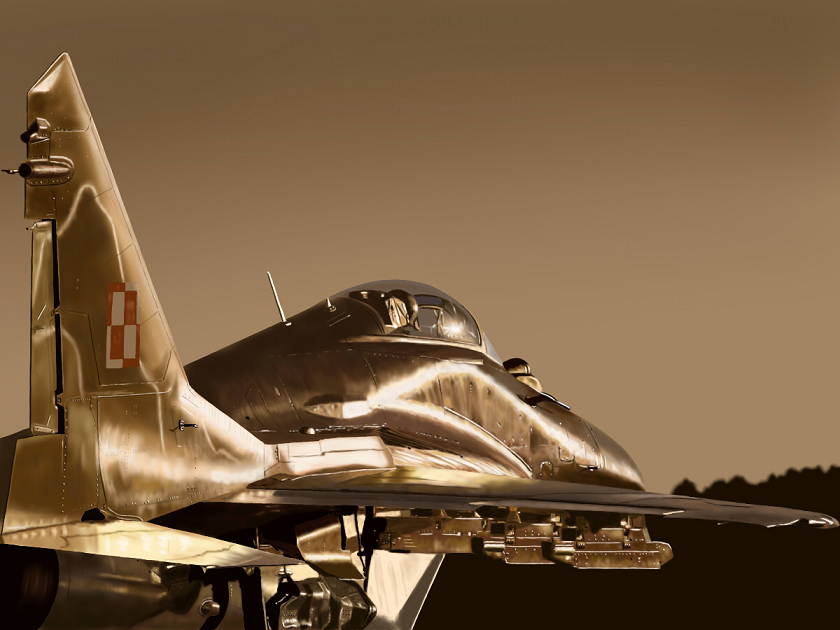 fighter_jet, from_behind, fuyunobu, helmet, jet, mig-29, monochrome, original, pilot, realistic, sepia, sky, solo