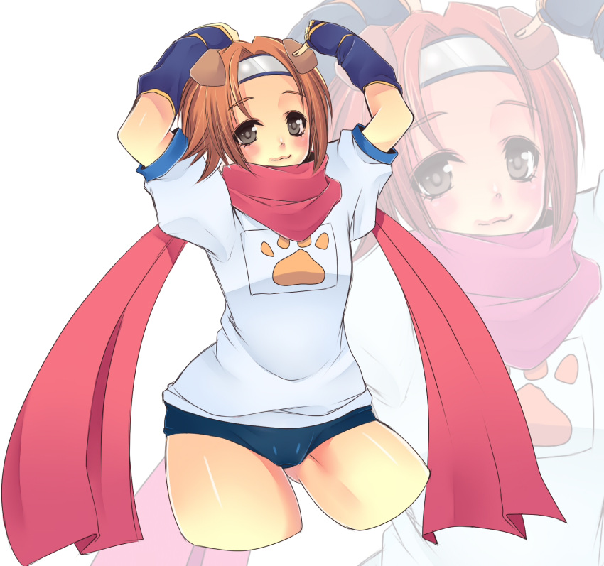1girl, arcana_heart, arcana_heart_2, arcana_heart_3, arms_up, brown_hair, dog_ears, headband