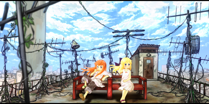 antennae, blonde_hair, blue_eyes, bow, chair, city, cityscape, cloud