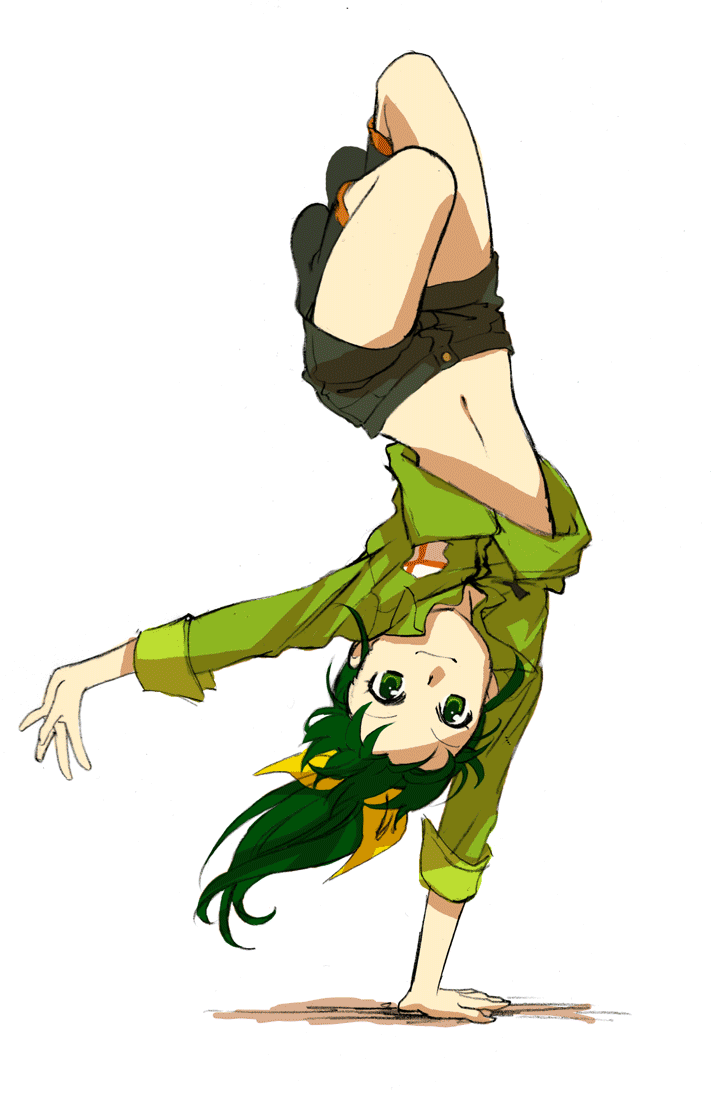 breakdance, casual, dancing, green_eyes, green_hair, handstand, harekawa, midorikawa_nao
