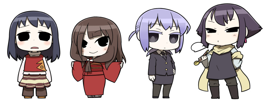 black_eyes, blazer, blush, boots, brown_hair, chibi, earrings, expressionless
