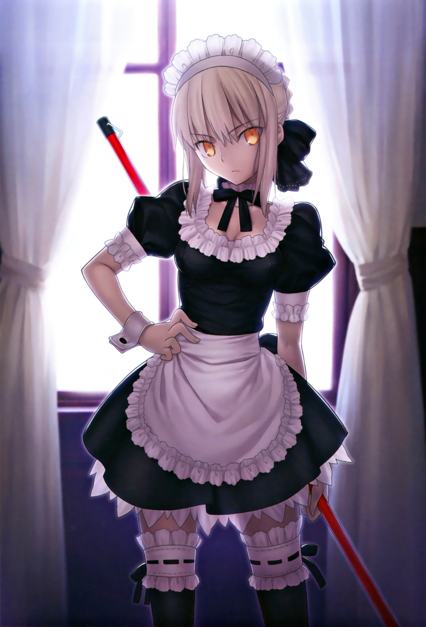 absurdres, apron, backlighting, black_legwear, blonde_hair, carnival_phantasm, fate/stay_night, fate_(series)