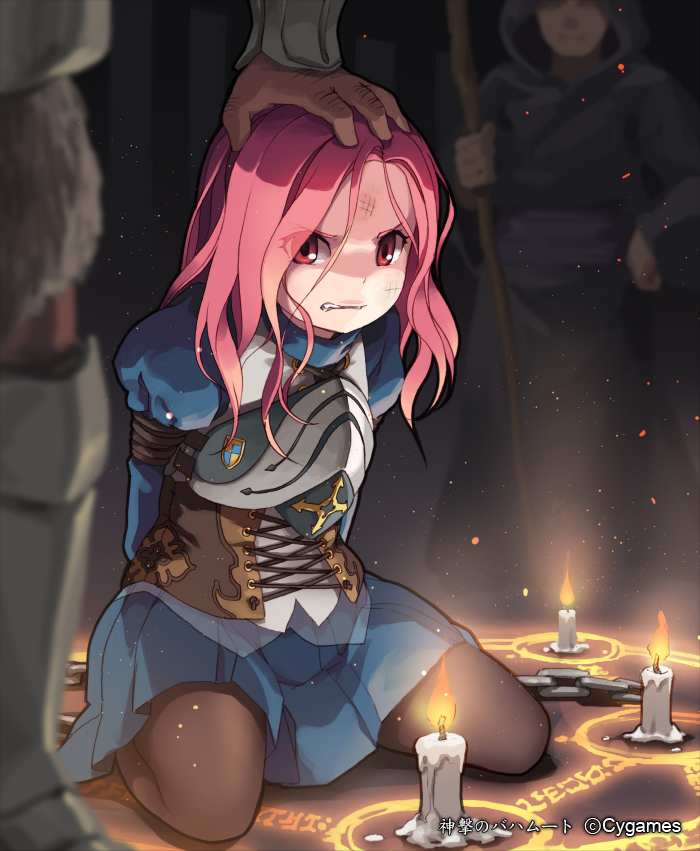 armor, black_legwear, bondage, breastplate, candle, corruption, cygames, injury