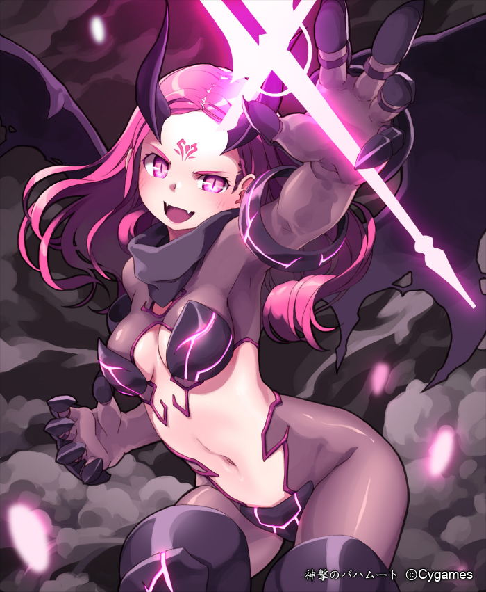 :d, breasts, claws, cleavage, corruption, cygames, demon_girl, demon_wings, facial_mark, fangs, forehead_mark, horns, lena_(zoal), long_hair, looking_at_viewer, luciella, navel, open_mouth, pink_eyes, pink_hair, shingeki_no_bahamut, slit_pupils, smile, solo, wings