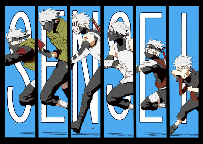 bandages, book, boots, detached_sleeves, fingerless_gloves, forehead_protector, gloves, hatake_kakashi