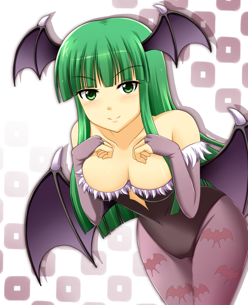 bare_shoulders, bat_wings, blush, breasts, collarbone, demon_girl, elbow_gloves, fingerless_gloves, gloves, green_eyes, green_hair, head_wings, highres, leaning_forward, leotard, long_hair, morrigan_aensland, pantyhose, print_pantyhose, sazaki_hiyoru, smile, solo, succubus, vampire_(game), wings