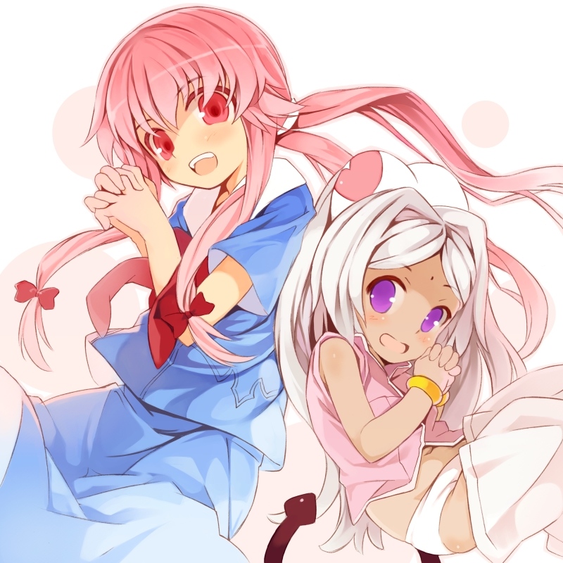 :d, blush, bow, gasai_yuno, hair_bow, hands_together, hat, kurasuke