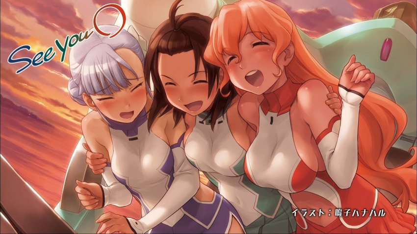 artist_request, bare_shoulders, blue_hair, bodysuit, braid, breasts, brown_hair, closed_eyes, clothed_navel, detached_sleeves, english, eyecatch, eyes_closed, fin_e_ld_si_laffinty, flat_chest, flower, hair_bun, hair_flower, hair_ornament, kyouno_madoka, mecha, muginami, naruko_hanaharu, navel, official_art, open_mouth, orange_hair, rinne_no_lagrange, screencap, top_knot, vox_aura