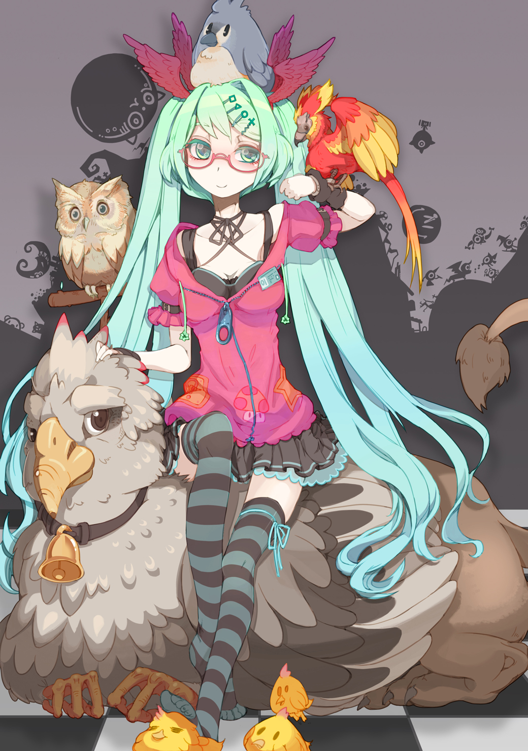 1girl, bell, bespectacled, bird, chick, crossover, gap, glasses