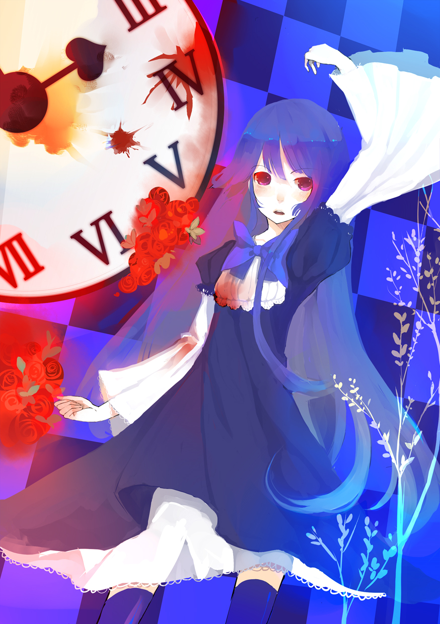 blood, blue_hair, bow, clock, colxy, dress, flower, frederica_bernkastel