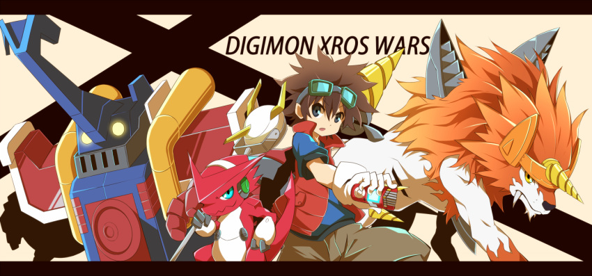 ballistamon, black_eyes, blue_eyes, brown_hair, creature, digimon, digimon_xros_wars, digivice