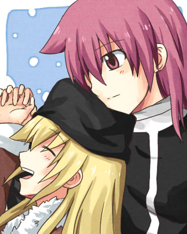 blonde_hair, closed_eyes, eyes_closed, hat, laughing, lowres, miyanaga_teru, multiple_girls, red_eyes, saki, short_hair, smile, sotoai, spoilers