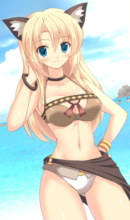 2boys, animal_ears, bikini, blonde_hair, blue_eyes, bracelet, cat_ears, fantasy_earth_zero, hizuki_aki, jewelry, long_hair, multiple_boys, ocean, sarong, swimsuit