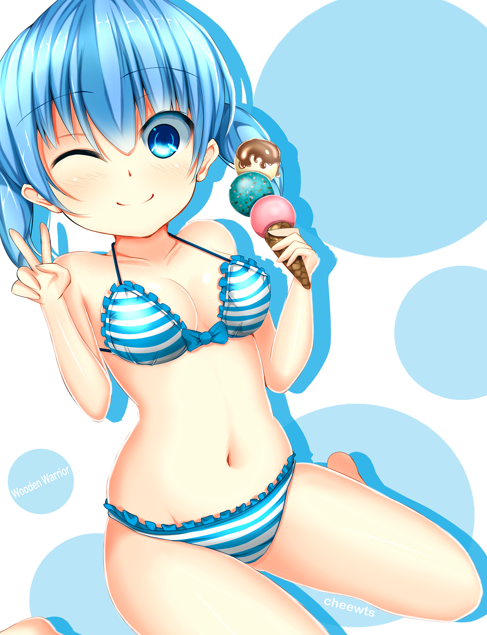 bad_id, bikini, blue_eyes, blue_hair, cheeuyu, chiiutsu_(cheewts), food, highres
