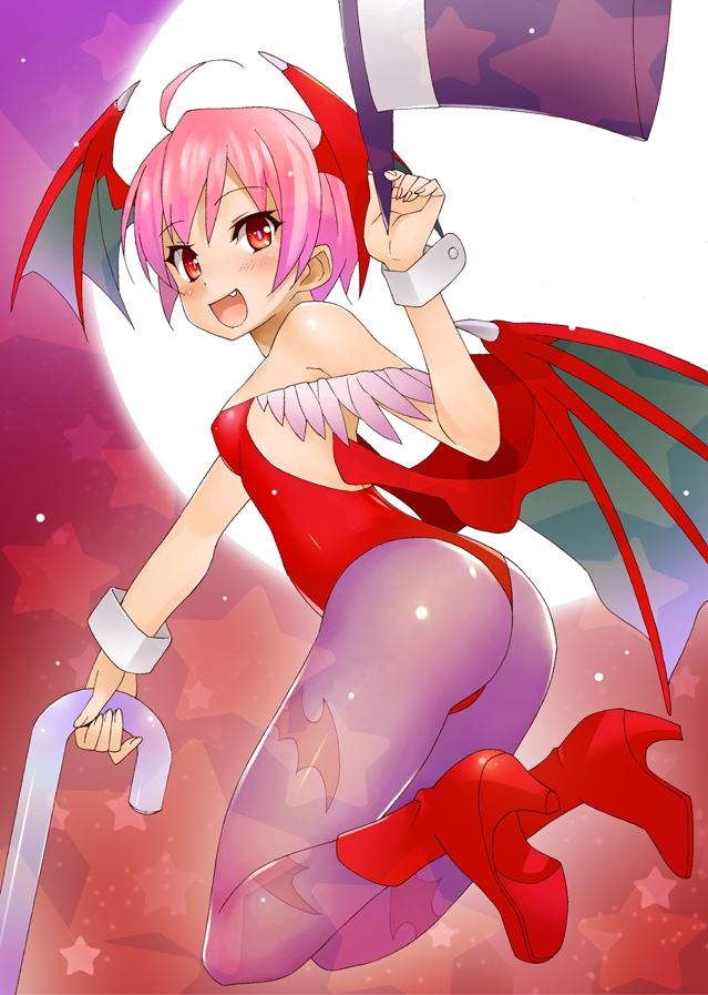 1girl, ahoge, ass, astroguy2, bat_wings, blush, boots, cane