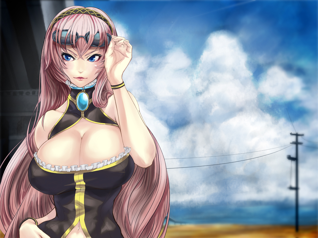 bangle, blue_eyes, bracelet, breasts, brooch, cleavage, cloud, clouds