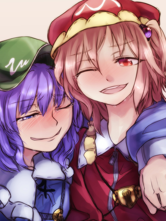 blue_eyes, blue_hair, blush, hair_bobbles, hair_ornament, hat, kawashiro_mitori, kawashiro_nitori