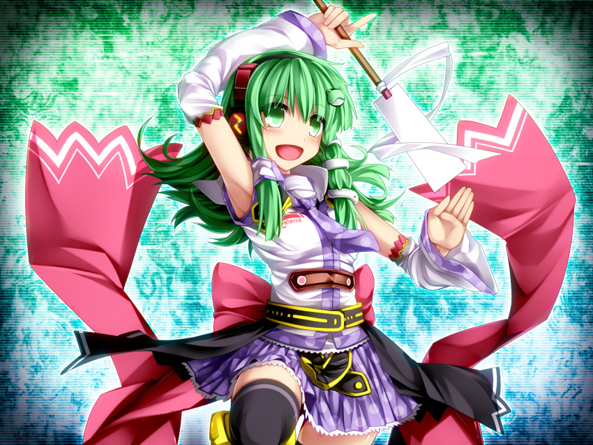 alternate_costume, alternative_outfit, blush, bow, detached_sleeves, frog, frog_hair_ornament, gohei, green_eyes, green_hair, hair_ornament, headset, highres, kazetto, kochiya_sanae, long_hair, necktie, open_mouth, skirt, smile, snake, solo, thighhighs, touhou, vocaloid, wide_sleeves, zettai_ryouiki