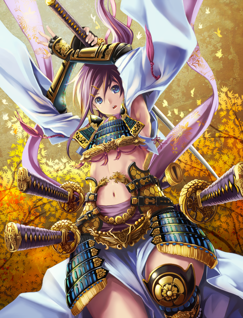 1boy, \o/, androgynous, arms_up, black_hair, blue_eyes, character_request, gauntlets, greaves, hair_ornament, hair_ribbon, hairclip, i-la, katana, kusazuri, long_hair, mori_ranmaru, mori_ranmaru_(sengoku_taisen), navel, open_mouth, outstretched_arms, ponytail, ribbon, samurai_armor, sengoku_taisen, solo, sword, trap, weapon