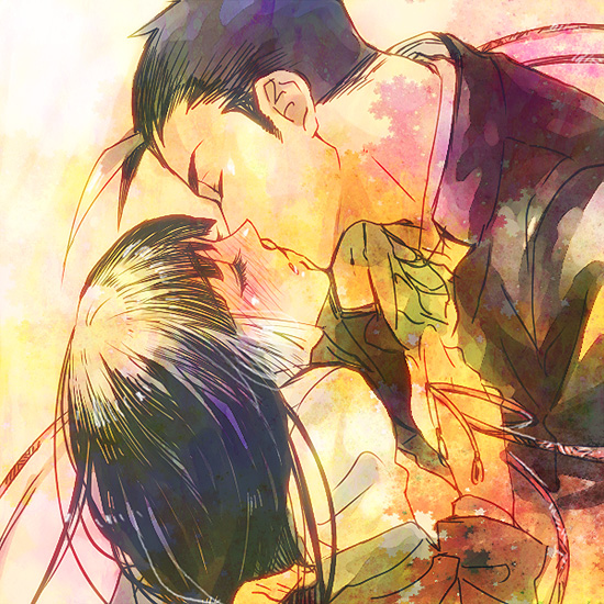 1girl, black_hair, blush, closed_eyes, couple, eyes_closed, gradient_hair, hug, incipient_kiss, long_hair, multicolored_hair, ran_to_haiiro_no_sekai, sango_(haiiro), satoo, school_uniform, short_hair, tears, uruma_jin, white_hair
