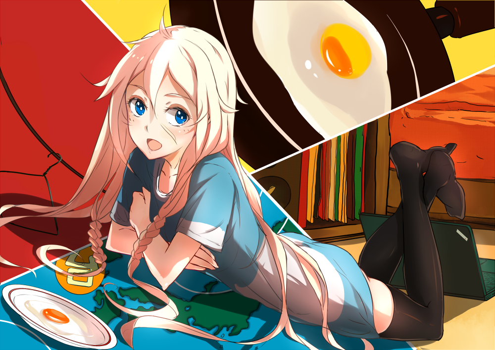 black_legwear, blue_eyes, braid, computer, crossed_arms, egg, food, fried_egg