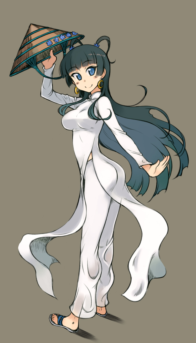 black_hair, blue_eyes, blush, earrings, grey_background, hat, hat_removed, headwear_removed