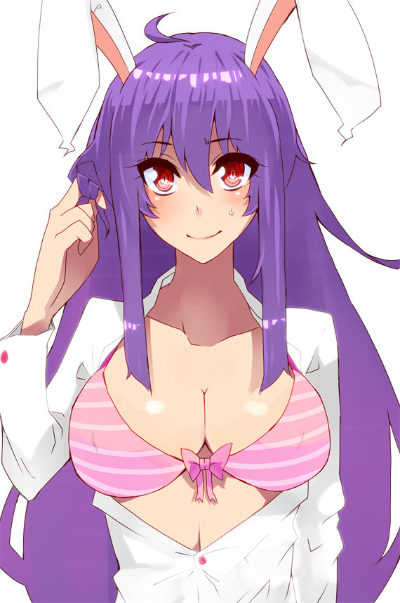 animal_ears, bow, bra, breasts, bunny_ears, bust, buttons, cleavage, collarbone, dress_shirt, hair_twirling, jont, large_breasts, long_hair, looking_at_viewer, necktie, open_clothes, open_shirt, pink_background, purple_hair, rabbit_ears, red_eyes, reisen_udongein_inaba, shirt, simple_background, smile, solo, striped, striped_bra, sweat, touhou, underwear, very_long_hair, white_background