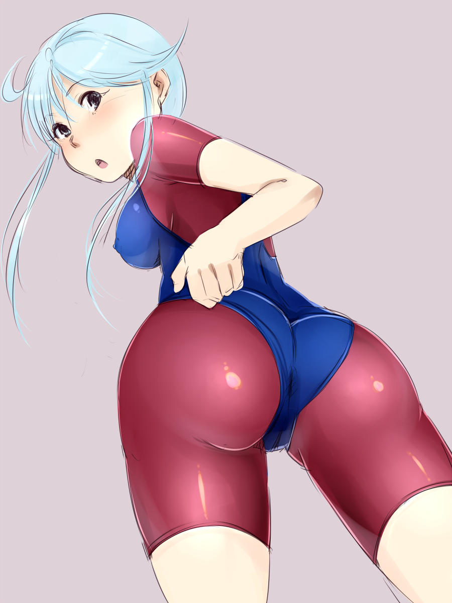 all_fours, ass, blue_eyes, blue_hair, highres, jigoku_sensei_nube, leotard, looking_at_viewer