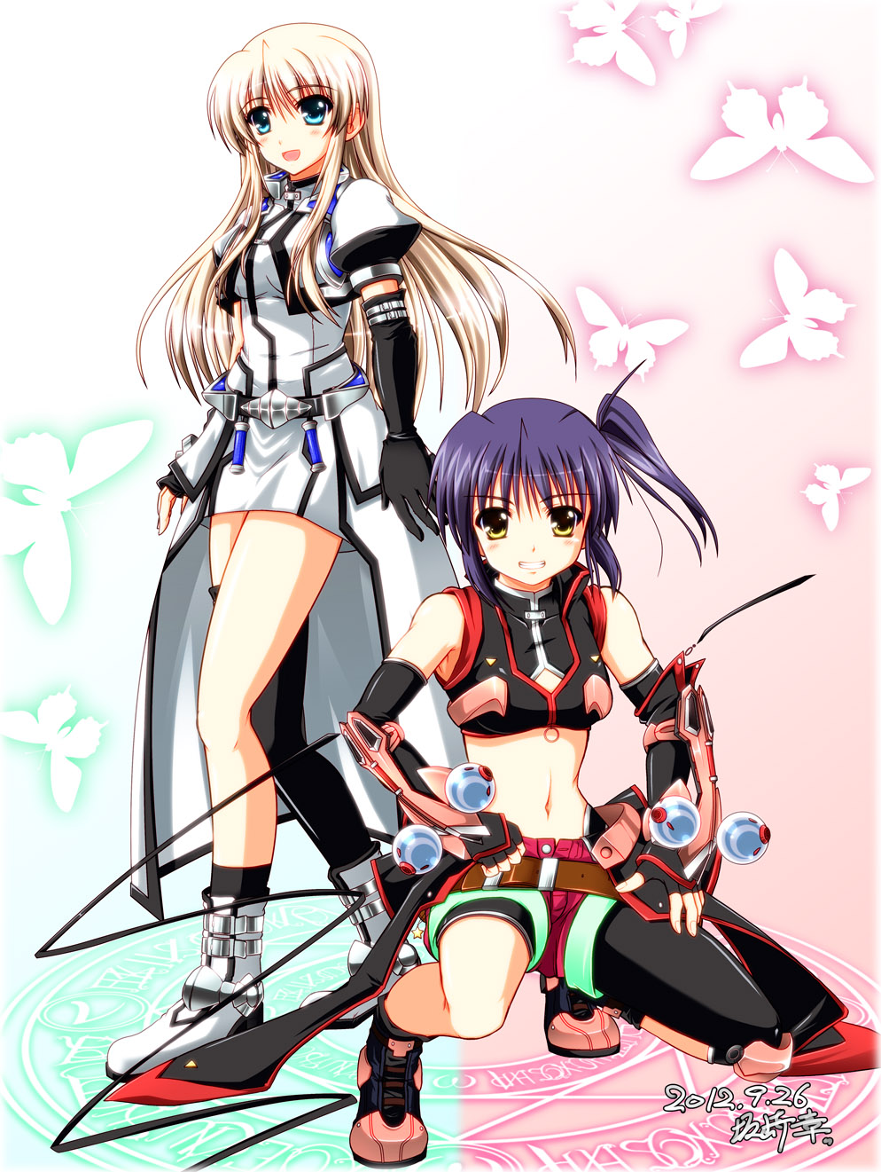 bare_shoulders, black_legwear, blonde_hair, blue_eyes, blush, brown_hair, butterfly, elbow_gloves, fingerless_gloves, gloves, grin, higa_yukari, highres, isis_eaglet, lily_strosek, long_hair, lyrical_nanoha, magic_circle, mahou_senki_lyrical_nanoha_force, midriff, multiple_girls, navel, open_mouth, perfume_grab, puffy_sleeves, purple_hair, shoes, shorts, side_ponytail, single_thighhigh, skirt, smile, thigh-highs, thighhighs, uniform, yellow_eyes, zakkii