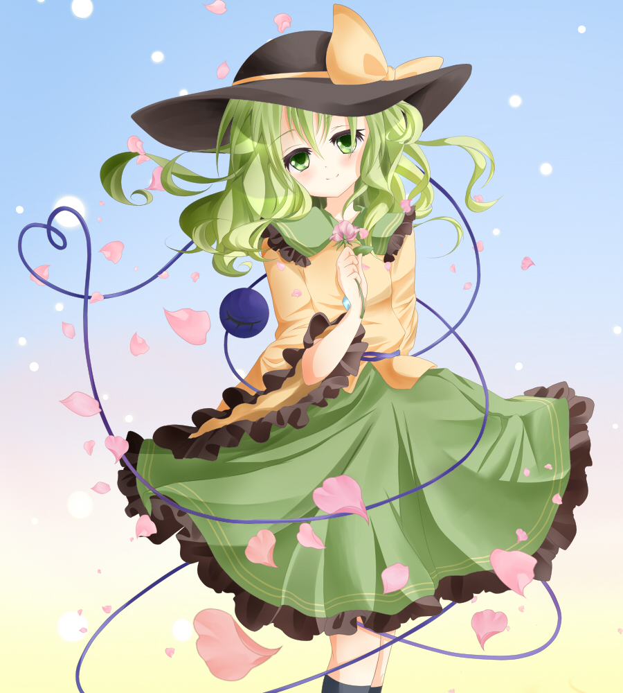 blush, flower, green_eyes, green_hair, hat, heart, komeiji_koishi, long_hair
