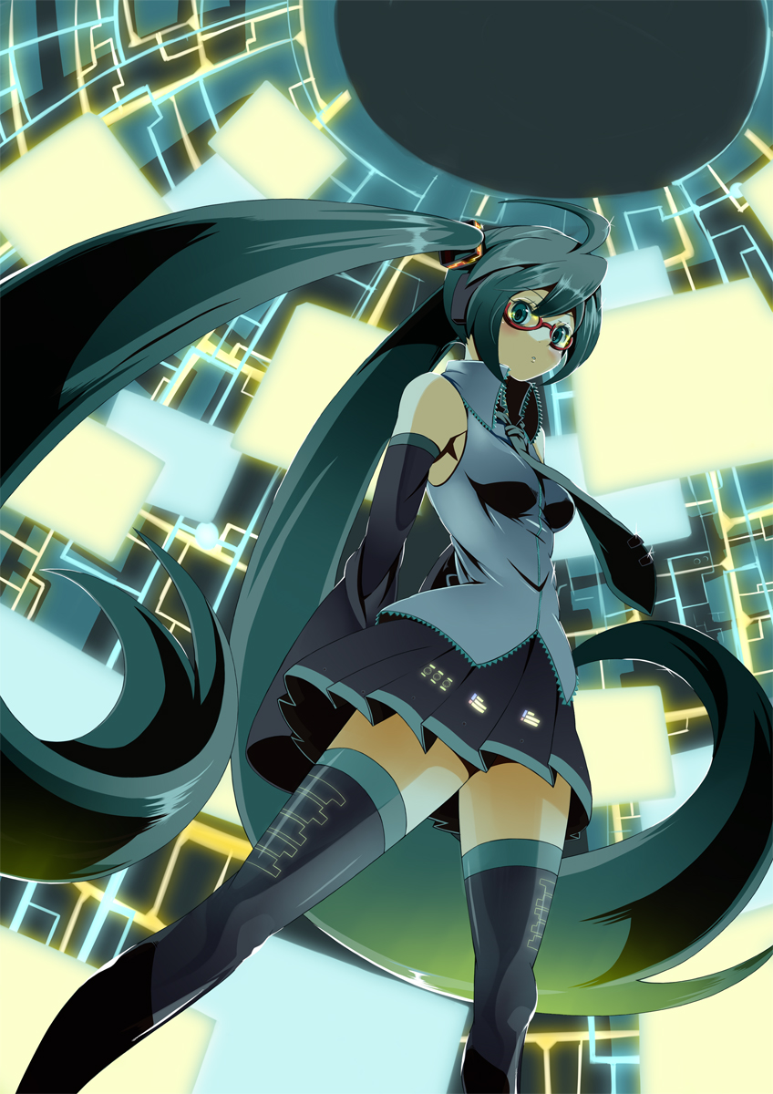 ahoge, aqua_eyes, aqua_hair, bespectacled, detached_sleeves, glasses, hajime_(hajime-ill-1st), hajime_(pixiv), hatsune_miku, headphones, highres, legs, long_hair, necktie, red-framed_glasses, semi-rimless_glasses, skirt, solo, thigh-highs, thighhighs, twintails, under-rim_glasses, very_long_hair, vocaloid, zettai_ryouiki