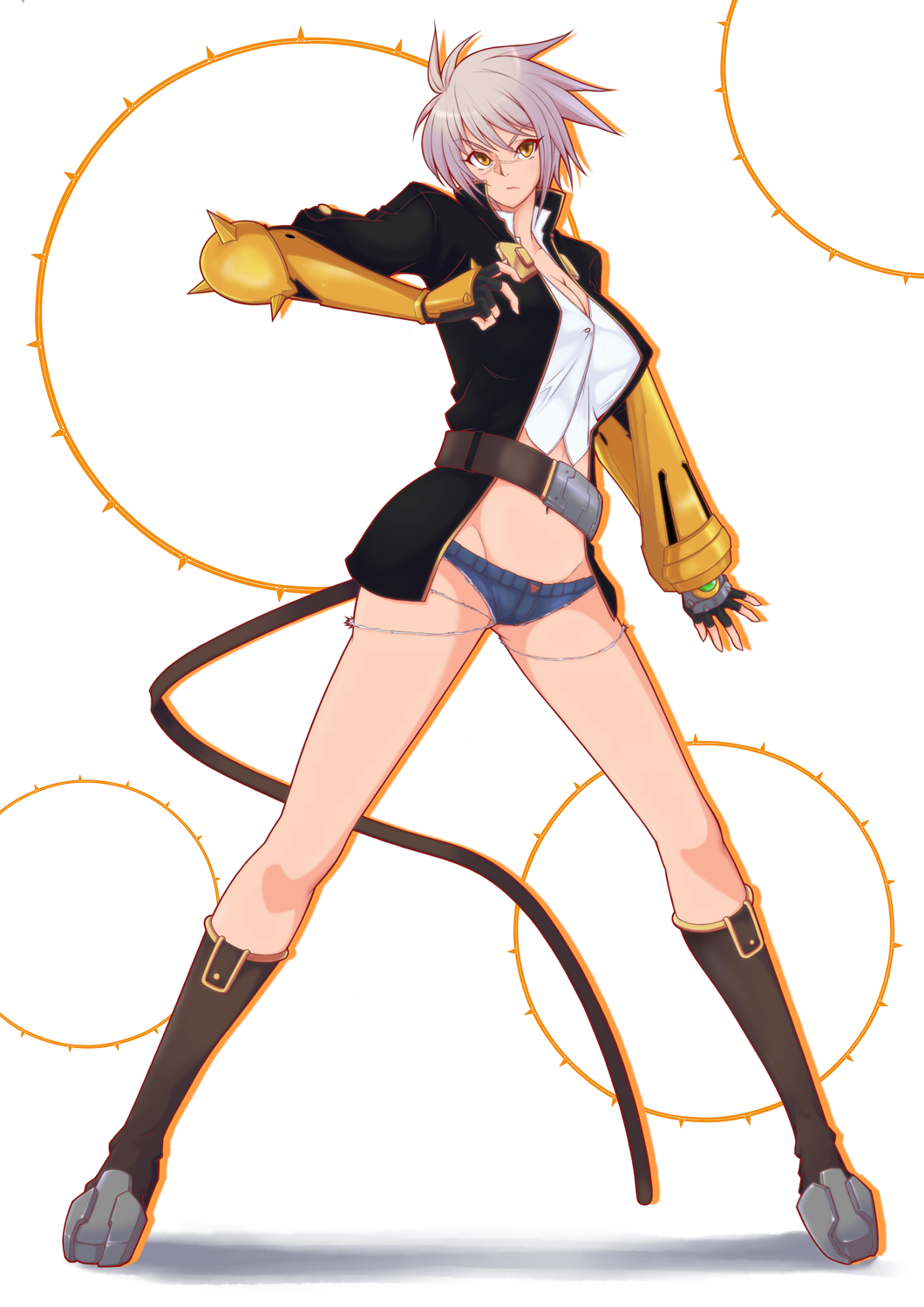 1girl, belt, blazblue, blazblue:_chrono_phantasma, boots, breasts, brown_eyes, bullet_(blazblue)