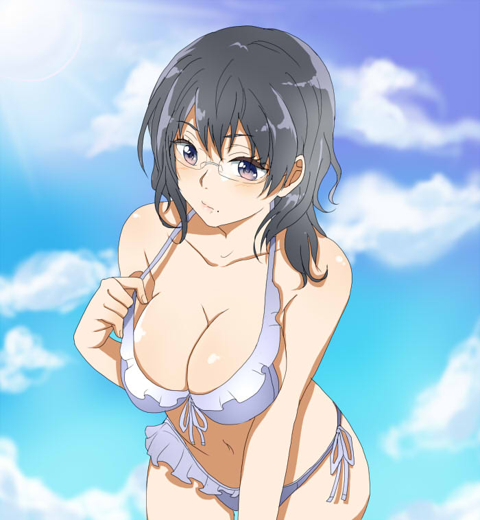 bikini, black_eyes, black_hair, glasses, haikyuu!!, kasumi_ritsu, shimizu_kiyoko, short_hair