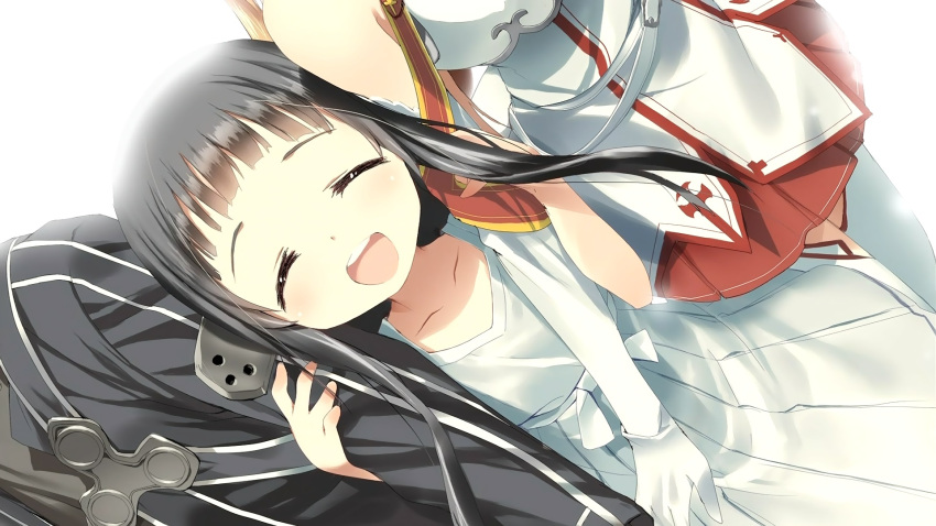 2girls, :d, arm_holding, artist_request, asuna_(sao), black_hair, blush, brown_hair