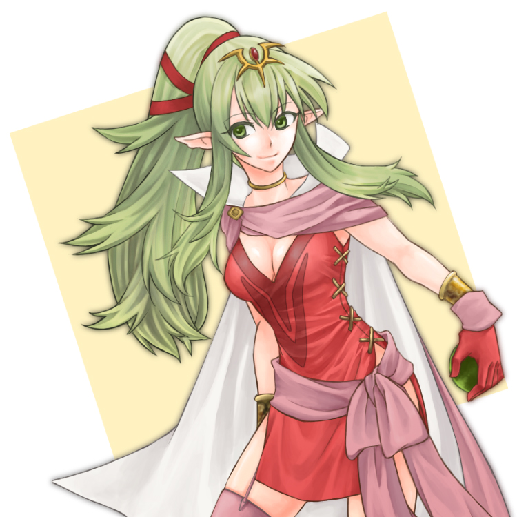 adult, bracelet, breasts, cape, chiki, choker, cleavage, dress, fire_emblem, fire_emblem:_kakusei, fire_emblem:_mystery_of_the_emblem, garter_straps, gloves, green_eyes, green_hair, hair_ornament, hair_ribbon, hazuki_(nyorosuke), jewelry, long_hair, orb, pointy_ears, ponytail, ribbon, sash, short_dress, side_slit, smile, solo, thigh-highs, thighhighs