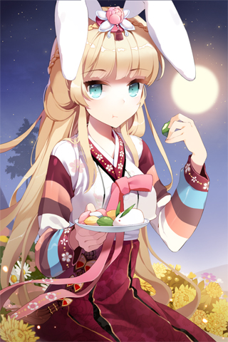 blonde_hair, bow, braid, bunny, bunny_ears, daisy, eating, flower