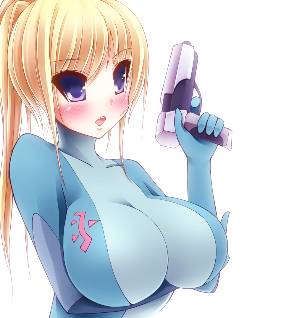 artist_request, blonde_hair, blue_eyes, blush, bodysuit, breast_hold, breasts, collarbone, gun, huge_breasts, impossible_clothes, large_breasts, long_hair, metroid, morita, nintendo, open_mouth, ponytail, samus_aran, skin_tight, solo, weapon, zero_suit