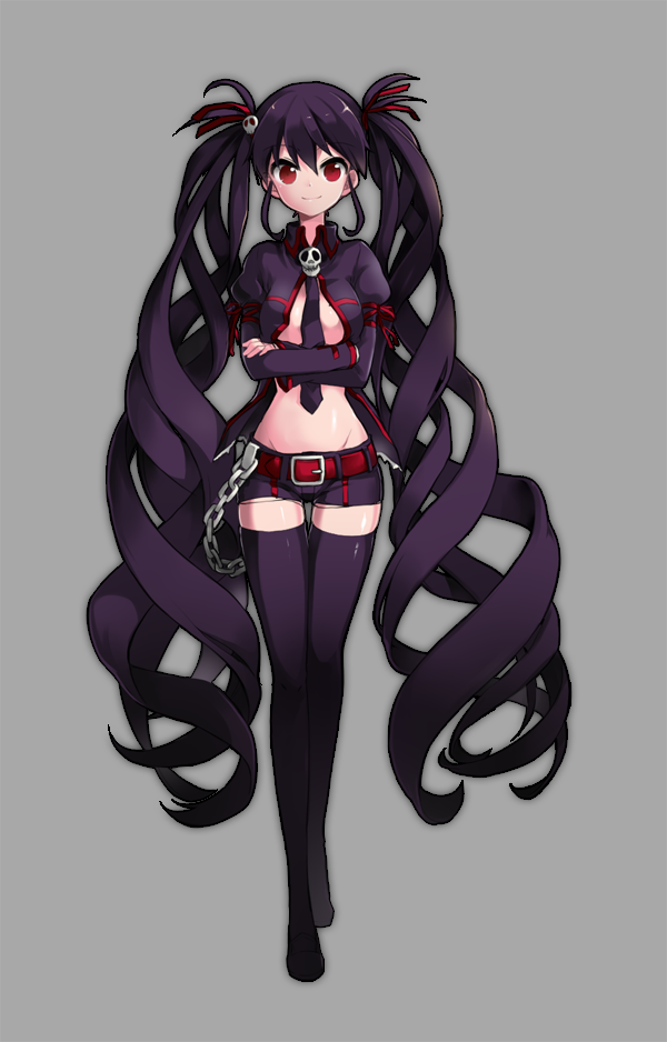 chain, chains, crossed_arms, hair_ribbon, long_hair, lowres, midriff, necktie, purple_hair, purple_legwear, red_eyes, ribbon, shorts, skull, smile, sword_girls, thigh-highs, thighhighs, ubina, undertaker_(sword_girls), very_long_hair, walking