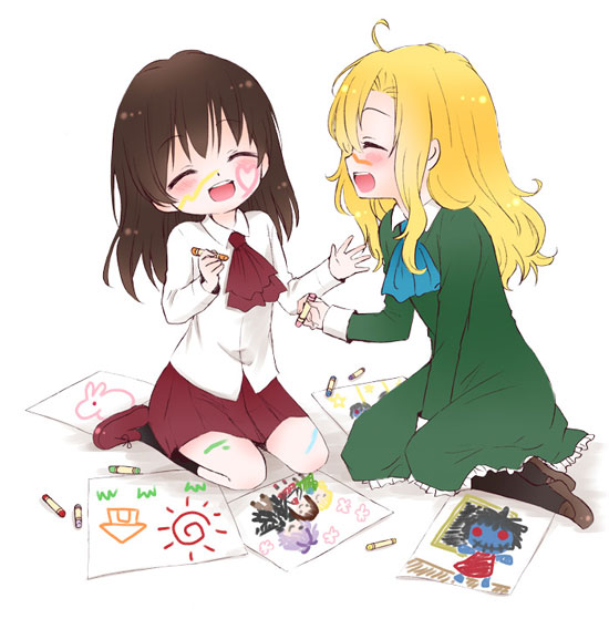 ^_^, ascot, blonde_hair, brown_hair, closed_eyes, drawing, dress, eyes_closed, garry_(ib), green_dress, ib, ib_(ib), long_hair, mary_(ib), migu_(migu_room), multiple_girls, open_mouth, sitting, skirt, smile, wariza, warugaki_(sk-ii)