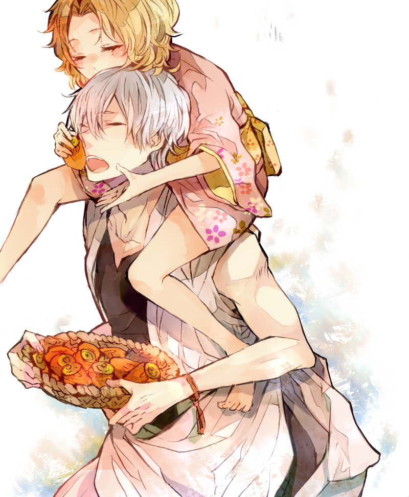 1girl, barefoot, bleach, blonde_hair, blush, carrying, child, closed_eyes, eating, eyes_closed, feeding, ichimaru_gin, japanese_clothes, matsumoto_rangiku, nosaki_tsubasa, obi, open_mouth, short_hair, silver_hair, young