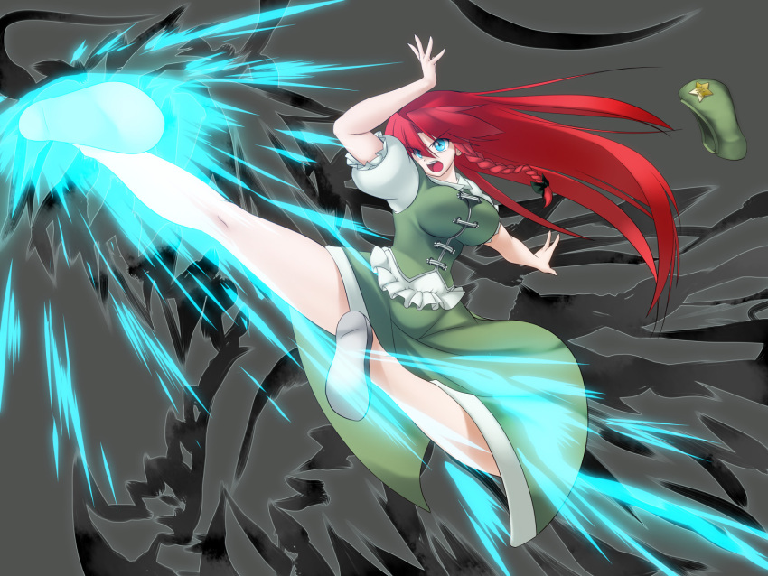 blue_eyes, braid, china_dress, chinese_clothes, hat, highres, hokuto_no_ken, hong_meiling