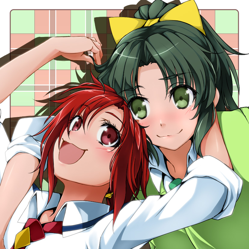 dam-miyuki, green_eyes, green_hair, hair_ornament, hino_akane, long_hair, midorikawa_nao, multiple_girls, open_mouth, ponytail, precure, red_eyes, red_hair, redhead, short_hair, sleeves_rolled_up, smile, smile_precure!