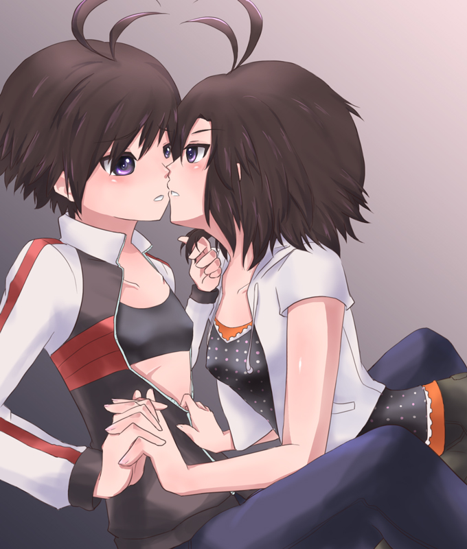 antenna_hair, black_eyes, black_hair, blush, dual_persona, flat_chest, idolmaster, interlocked_fingers