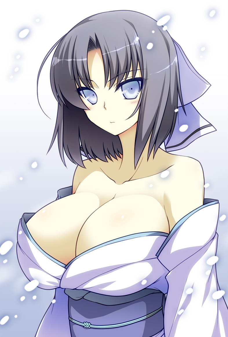 1girl, black_hair, blue_eyes, breasts, character_request, cleavage, detached_sleeves, izumi_yuki