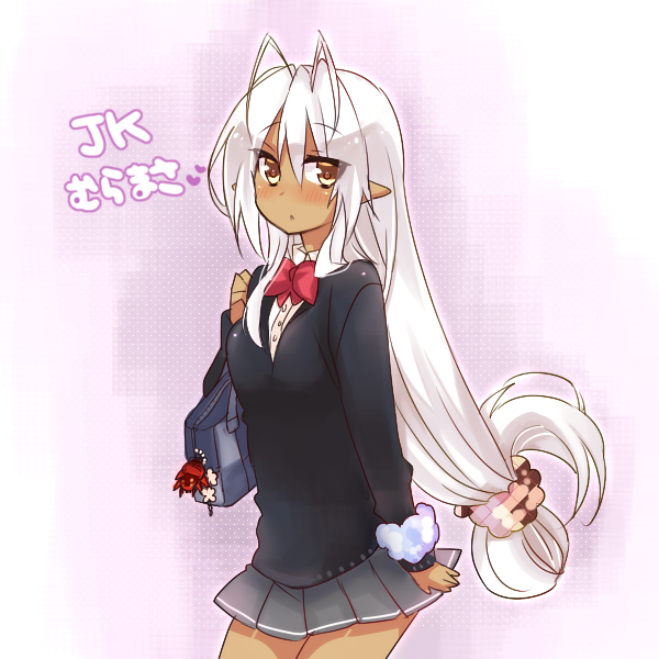 aki_(prdx85), antenna_hair, bag, blush, bow, brown_eyes, dark_elf, dark_skin